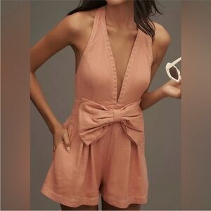 Anthropologie Maeve Linen Halter Bow Romper Mauve Pink Size 10